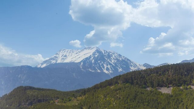 alone mount peak in snow under dense cloudy sky time lapse scene