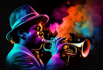 Fotobehang Afro-American male trumpeter musician playing a brass trumpet in an abstract vintage distressed style music painting for a poster or flyer, computer Generative AI stock illustration image © Tony Baggett