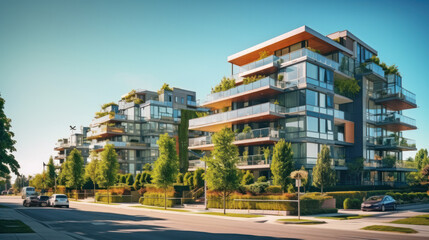 Street with modern low-rise apartment building.