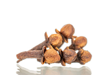 Dry aromatic cloves, macro, isolated on white background.