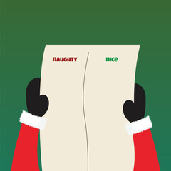 Naughty nice list. Santa Claus hands. View from top