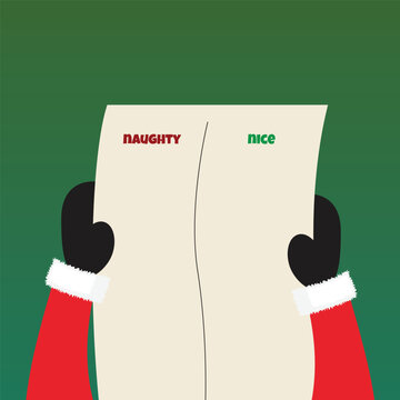Naughty nice list. Santa Claus hands. View from top