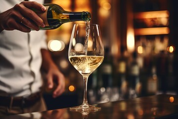 Bartender pours white wine from a bottle into glass