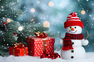 Fototapeta na wymiar christmas tree decorations, santa claus with gifts, snowman in the snow, christmas gift boxes 