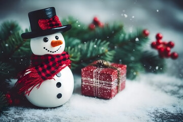 Fototapeta premium christmas tree decorations, santa claus with gifts, snowman in the snow, christmas gift boxes 