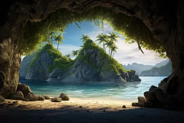 Fotobehang An island with palm trees and sand beach viewed from a cave. © rabbit75_fot