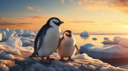 Two penguins standing on a snowy rock, under a colorful sunset.