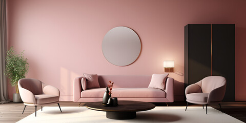 Sofa in pink living room interior with copy space with sunny shadows. A living room with a pink wall and a pink couch. Living Room Escape with a Pink Sofa
