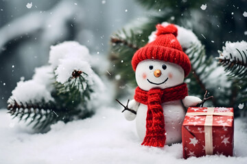 christmas tree decorations, santa claus with gifts, snowman in the snow, christmas gift boxes	