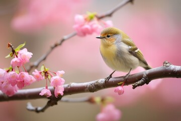 Close-up view of bird rest on tree branches with booming cherry blossom in Spring.