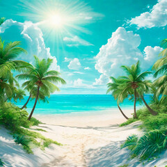 Fototapeta na wymiar Tropical beach with palm trees, blue sky and white sand