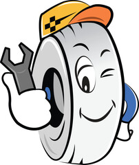 Tire mechanic cartoon funny character for automotive tire business related concept