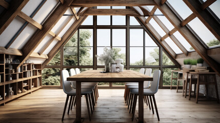 New style dining room with solid wooden table, white chair, chandelier and decorative glass roof