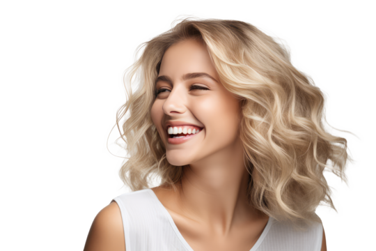 Studio portrait of a beautiful Nordic woman with clean healthy skin isolated on transparent png background.