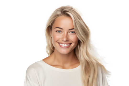 Studio portrait of a beautiful Nordic woman with clean healthy skin isolated on transparent png background.