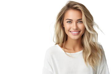 Obraz premium Studio portrait of a beautiful Nordic woman with clean healthy skin isolated on transparent png background.