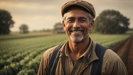 Close up high resolution image of happy traditional farmer. Generative AI. - obrazy, fototapety, plakaty