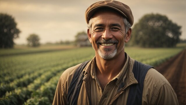 Close up high resolution image of happy traditional farmer. Generative AI.