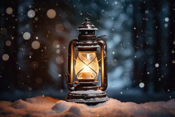 Close-up view of vintage hurricane lantern in snow field in winter. Winter seasonal concept.