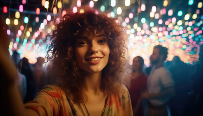 Selfie portrait of a woman on the background of bright lights in an amusement park ,concept carnival