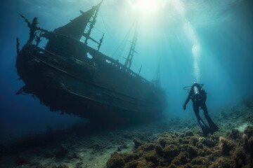 A diver explore a ship wreck underwater at the bottom of the sea. - obrazy, fototapety, plakaty