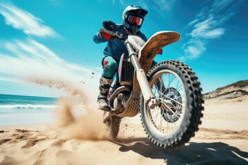 Fototapeta na wymiar Close-up view of beach motorcycle with sand flying in air. Dynamics. Beach sports. Summer tropical vacation concept.