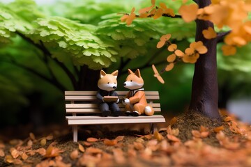 柴犬とベンチ（3D）秋
