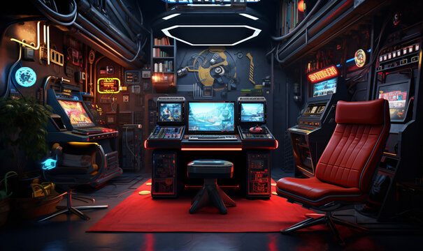 Punk Games room for enthusiasts and collectors of hardware and technology toys. Technical background of an IT technician or hardware developer. AI generated
