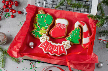 Box of Gingerbread Cookies, Set of Christmas Treats on Bright Background