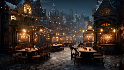 Street cafe in the old town of Lviv at night, Ukraine