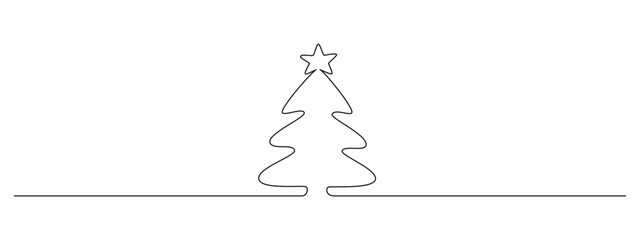 One continuous line drawing of Christmas tree with star on top. Pine plant in simple doodle style. Festive holidays symbol in editable stroke. Doodle outline vector illustration