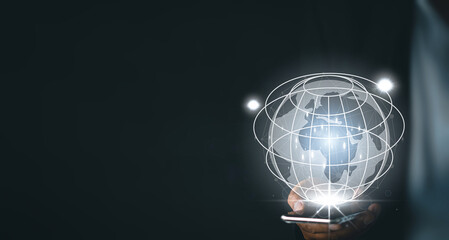 Technology for Business Global,Digital marketing,IoT Internet of Things,Big data,Artificial intelligence concept.,Businessman using smartphone with world and global network icon with copyspace.