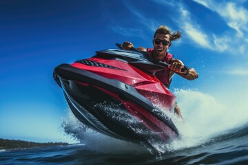 Fototapeta premium Close-up view of a man riding on jet ski in sea with water splash in air. Dynamics. Beach sports. Summer tropical vacation concept.