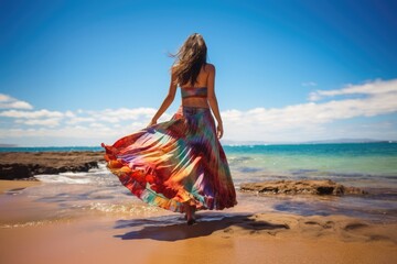 Lovely graceful lady in long skirt walk on sand beach with beautiful seascape. Summer tropical vacation concept.
