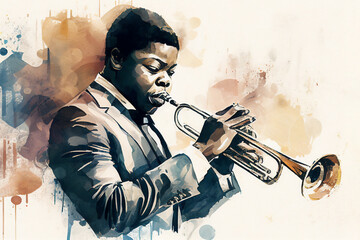 Afro-American male jazz musician trumpeter playing a brass trumpet in an abstract watercolour painting for a poster or flyer, computer Generative AI stock illustration