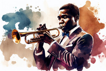Afro-American male jazz musician trumpeter playing a brass trumpet in an abstract watercolour painting for a poster or flyer, computer Generative AI stock illustration