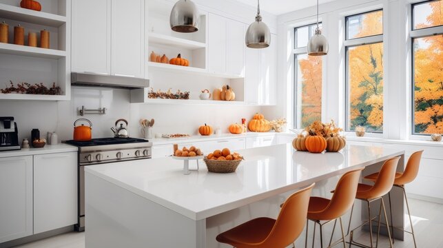 White modern kitchen decorated for fall with orange pumpkins., copy space, 16:9