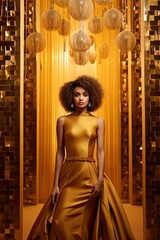 Fashion shot of a beautiful african american woman in golden dress, golden background. Ai generative