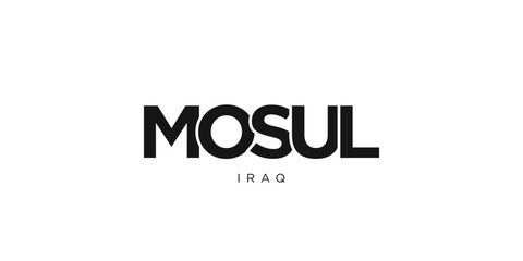 Mosul in the Iraq emblem. The design features a geometric style, vector illustration with bold typography in a modern font. The graphic slogan lettering.