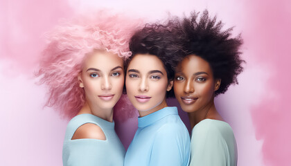 Multiethnic women with bright hairstyles in studio world cancer day concept