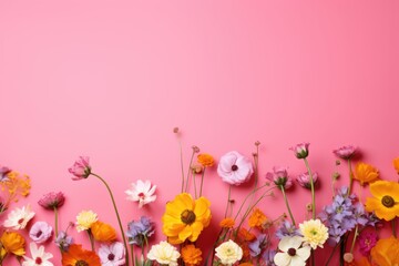Wild flower on pink background with variable colors in Spring. Spring seasonal concept.