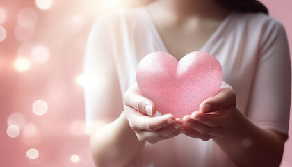 Pink heart in the hands of a woman world cancer day concept