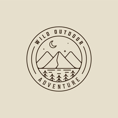 mountain and pine landscape logo line art simple vector illustration template icon graphic design. wild adventure nature outdoors sign or symbol for travel or environment business with badge