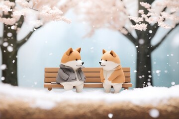 柴犬とベンチ（3D）冬
