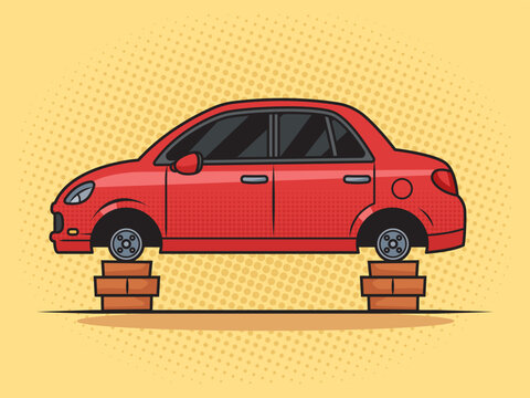Car with stolen wheels stands on brick supports pinup pop art retro hand drawn vector illustration. Comic book style imitation.