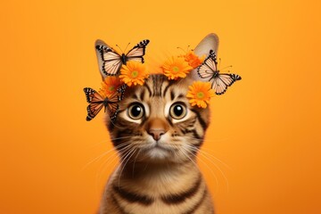 Beautiful cat wearing a crown of flowers and butterflies on bright orange background. Cute animal with flower wreath and butterfly on his head. Spring female concept - obrazy, fototapety, plakaty