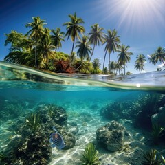 Beautiful underwater view of luxury resorts and tropical beach in Summer. Summer vacation concept.