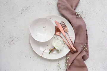 Gordijnen Table setting and beautiful gypsophila flowers on white background © Pixel-Shot