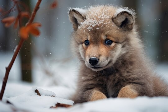 Cute baby wolf puppy is sitting outdoors on the snowy ground