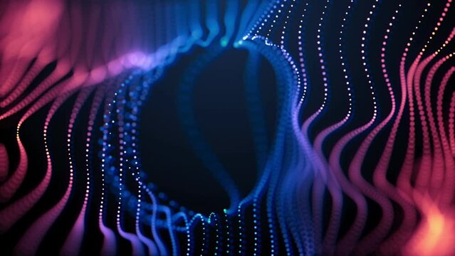 Neon abstract curves ripples fractal mesh glowing waves particles. Timeless modern 3D video loop blurred cyberspace design art pattern background.